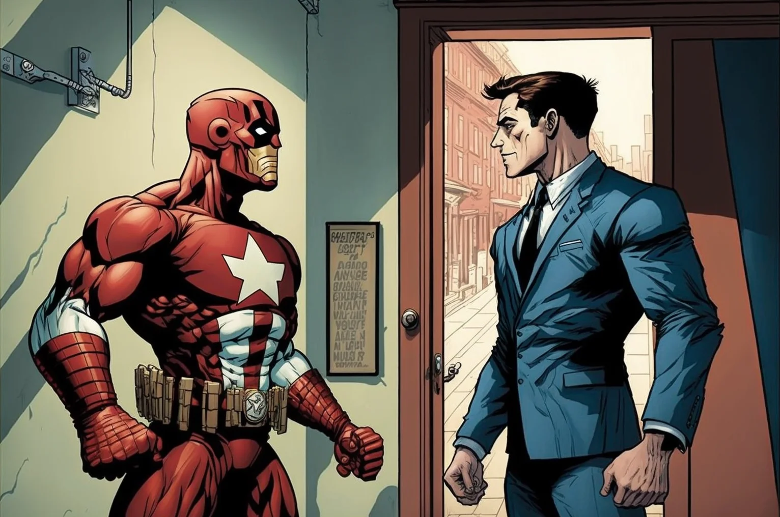 Ilustración tipo cómic de un superhéroe con máscara roja frente a un hombre con traje en la entrada de un edificio.