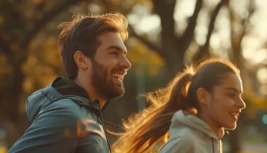 Nuestra visión, pareja feliz corriendo en un amanecer