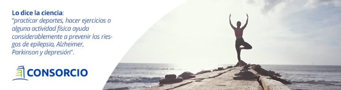 Banner con texto ‘Lo dice la ciencia’ y una persona en postura de yoga sobre rocas frente al mar, junto al logo Consorcio.