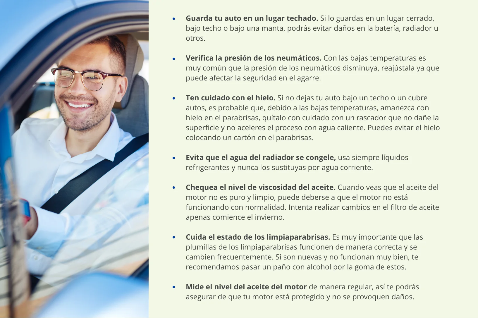 Hombre sonriente al volante junto a una lista de recomendaciones para cuidar el auto en invierno.