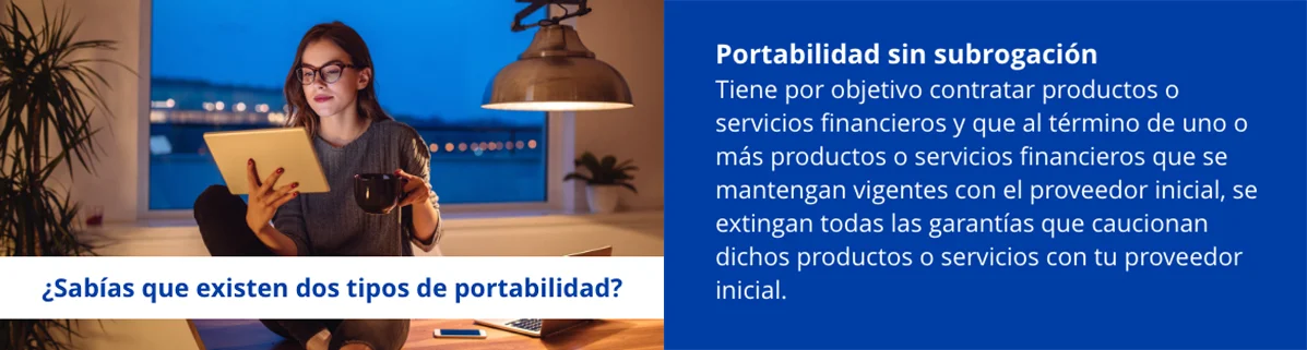 Hombre usa un notebook en el sofá; a la derecha, texto destaca ‘48%’ y ‘35%’ sobre portabilidad bancaria.