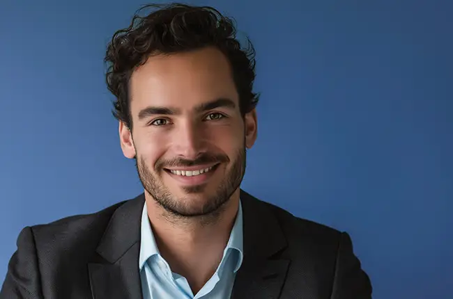 primer plano hombre joven sonriendo fondo azul