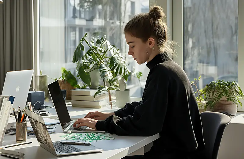 mujer joven trabajando frente a un computador