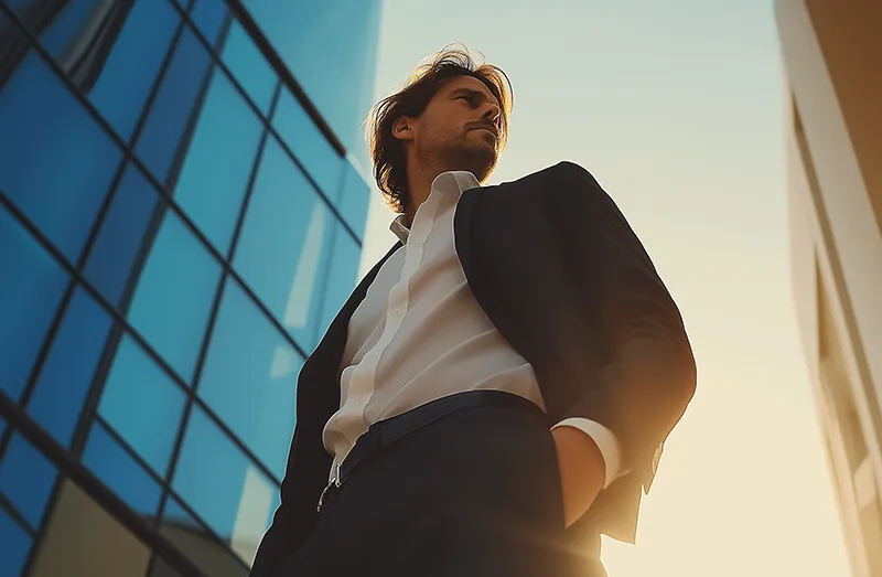 un ejecutivo mirando hacia el lado derecho, imagen en contrapicada, conoce el proposito consorcio