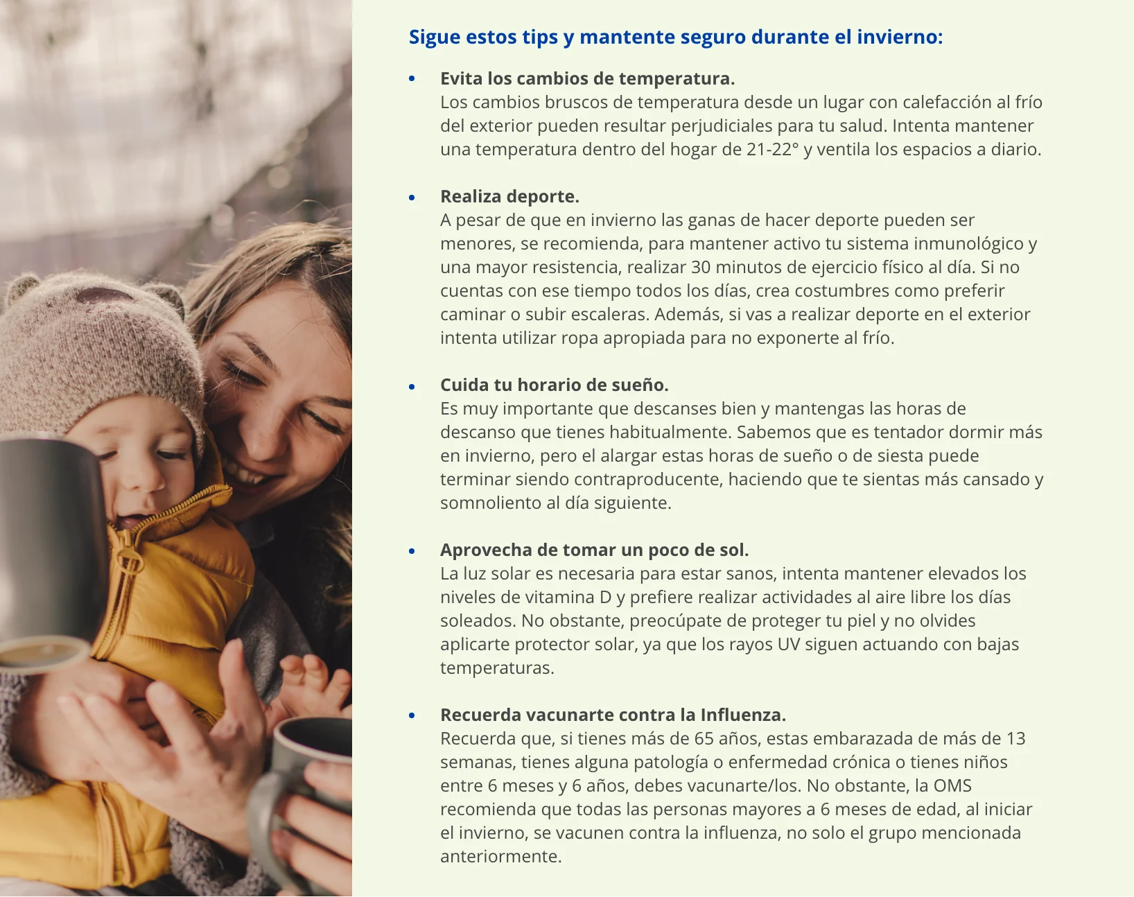 Madre abraza a un niño abrigado mientras a la derecha aparece una lista de consejos para cuidarse en invierno.